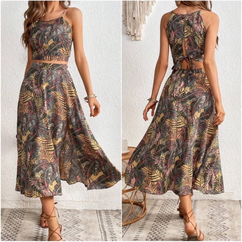 Boho Floral Tropical Print Crop Top Midi Skirt Set XS S M L XL